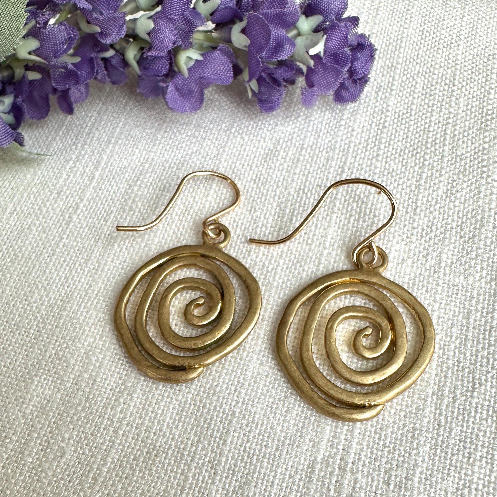 Whimsical Yellow Bronze Swirl Earrings – Handmade Dangle Jewelry by iNk Jewelry