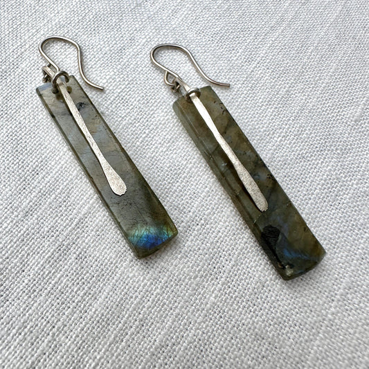 Labradorite and Sterling Silver Long Rectangle Earrings "Slice" by iNk Jewelry