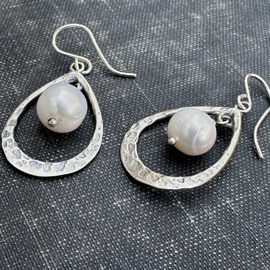 LOV Pearl Drop Earrings Sterling Silver Hammered Pear Shape by iNk Jewelry