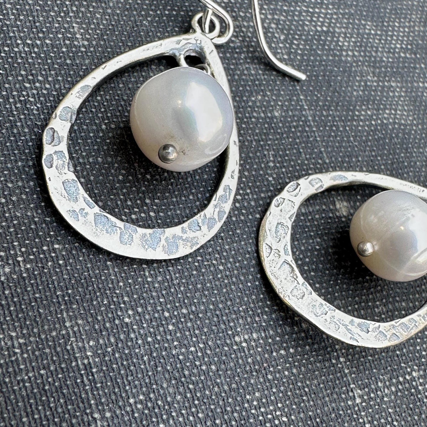 LOV Pearl Drop Earrings Sterling Silver Hammered Pear Shape by iNk Jewelry