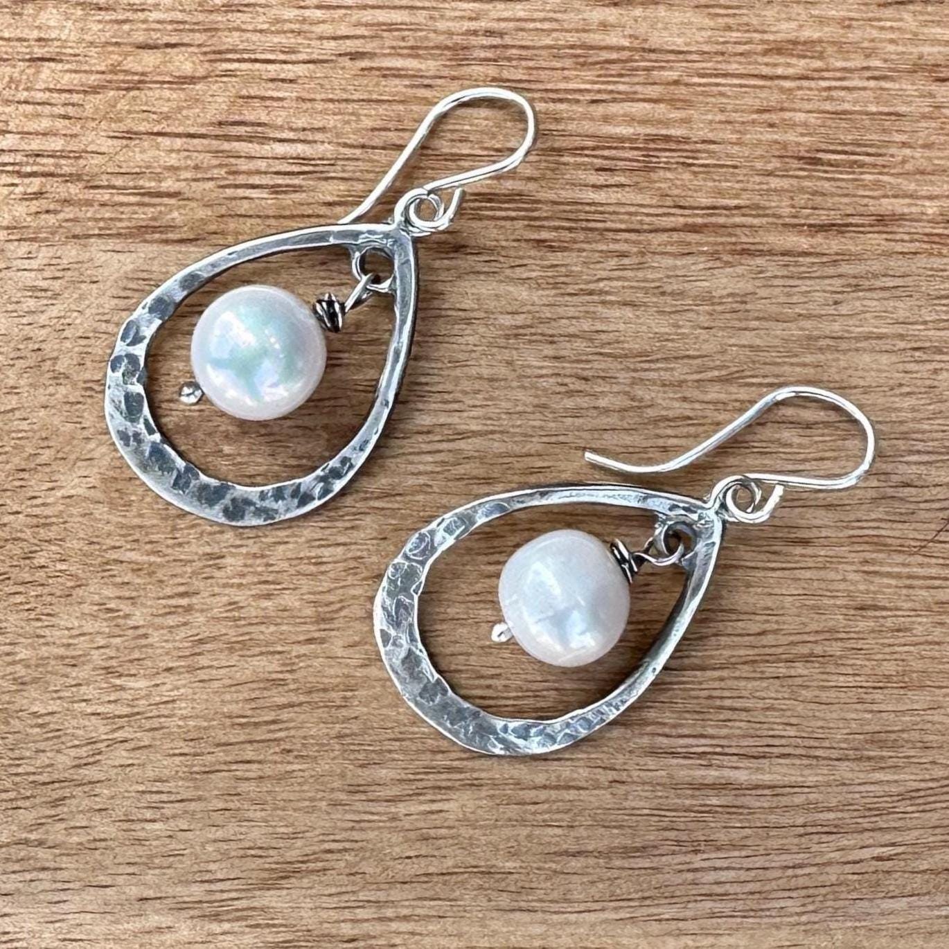 LOV Pearl Drop Earrings Sterling Silver Hammered Pear Shape by iNk Jewelry