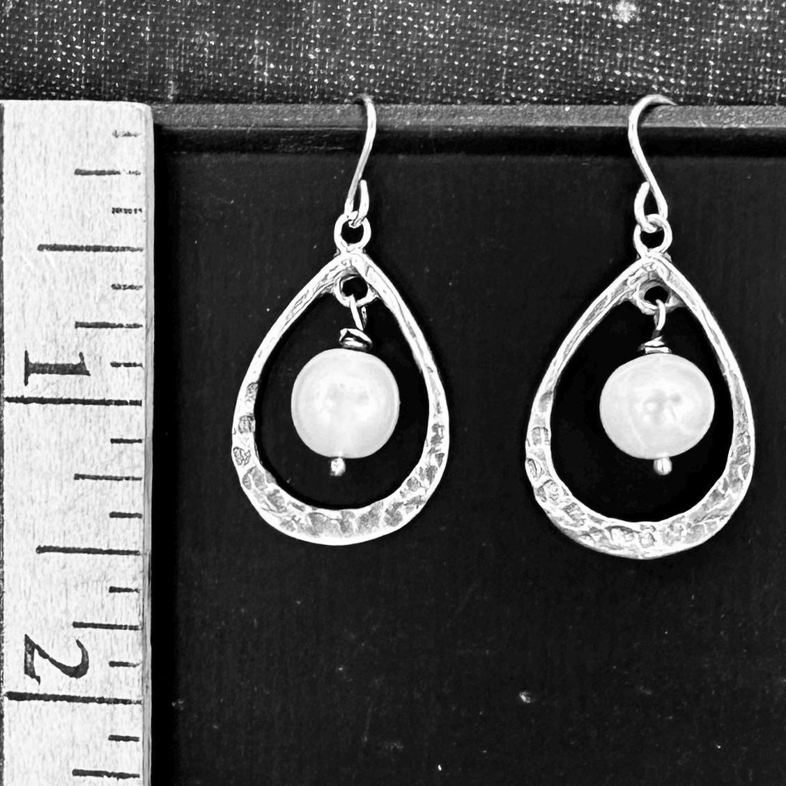 LOV Pearl Drop Earrings Sterling Silver Hammered Pear Shape by iNk Jewelry