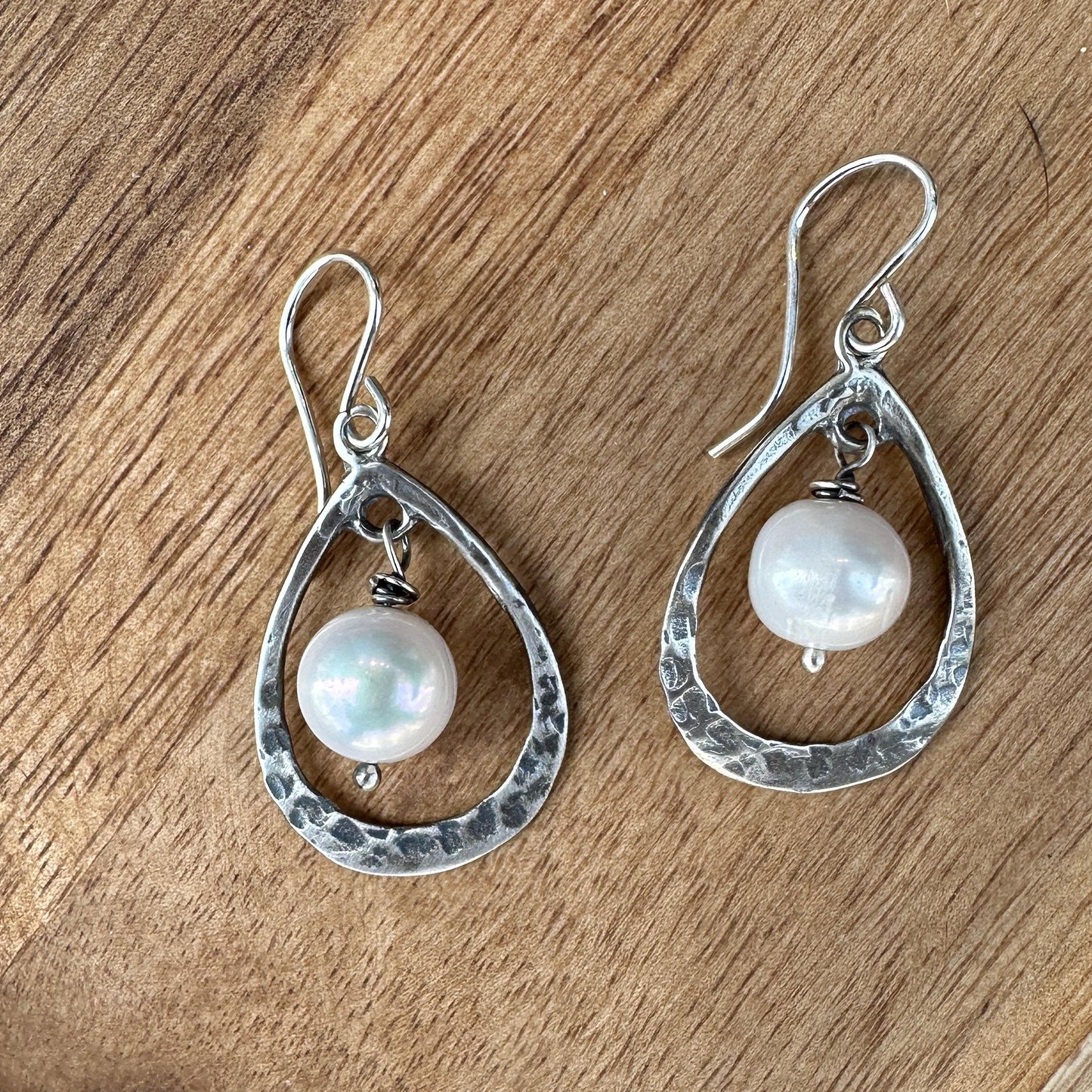 LOV Pearl Drop Earrings Sterling Silver Hammered Pear Shape by iNk Jewelry