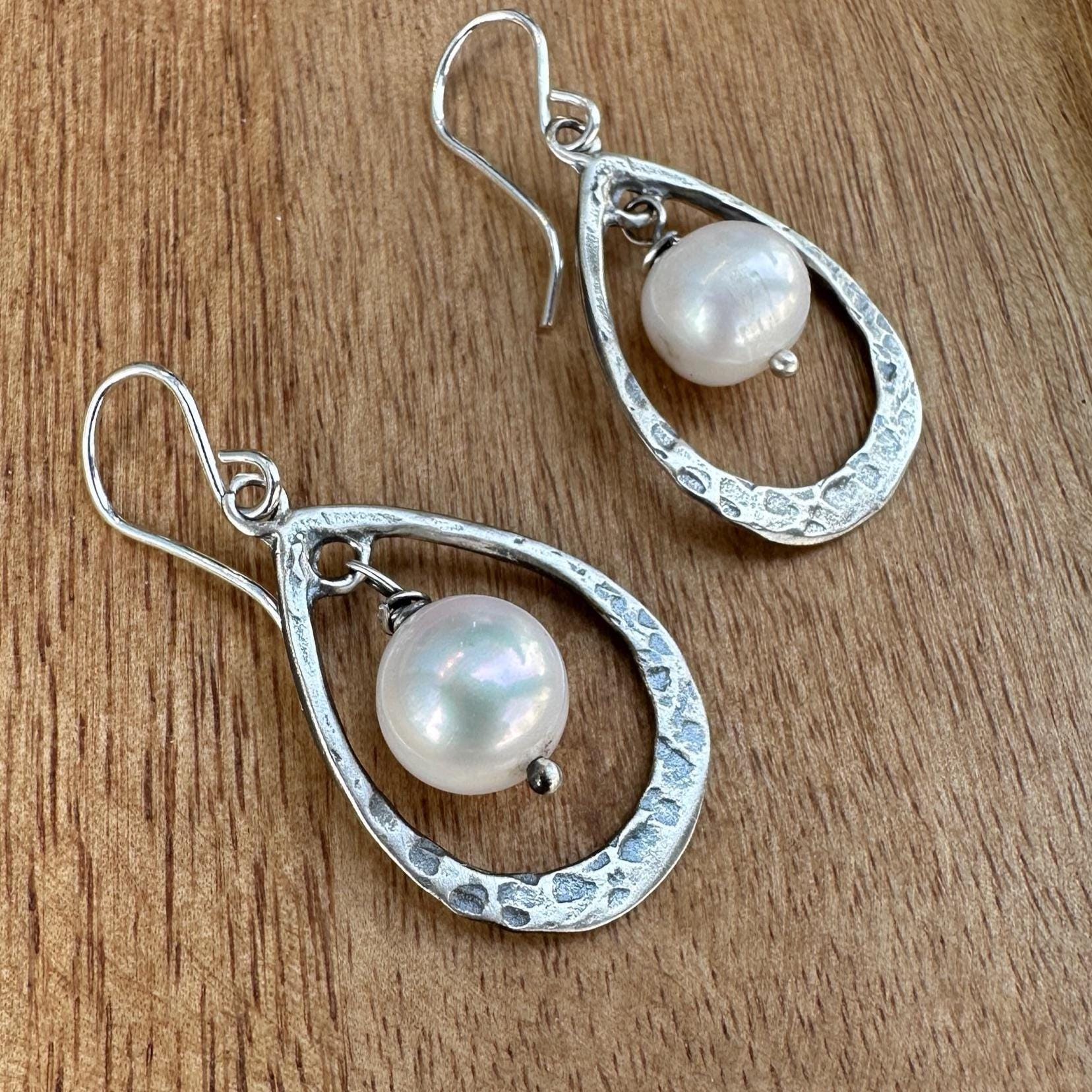 LOV Pearl Drop Earrings Sterling Silver Hammered Pear Shape by iNk Jewelry