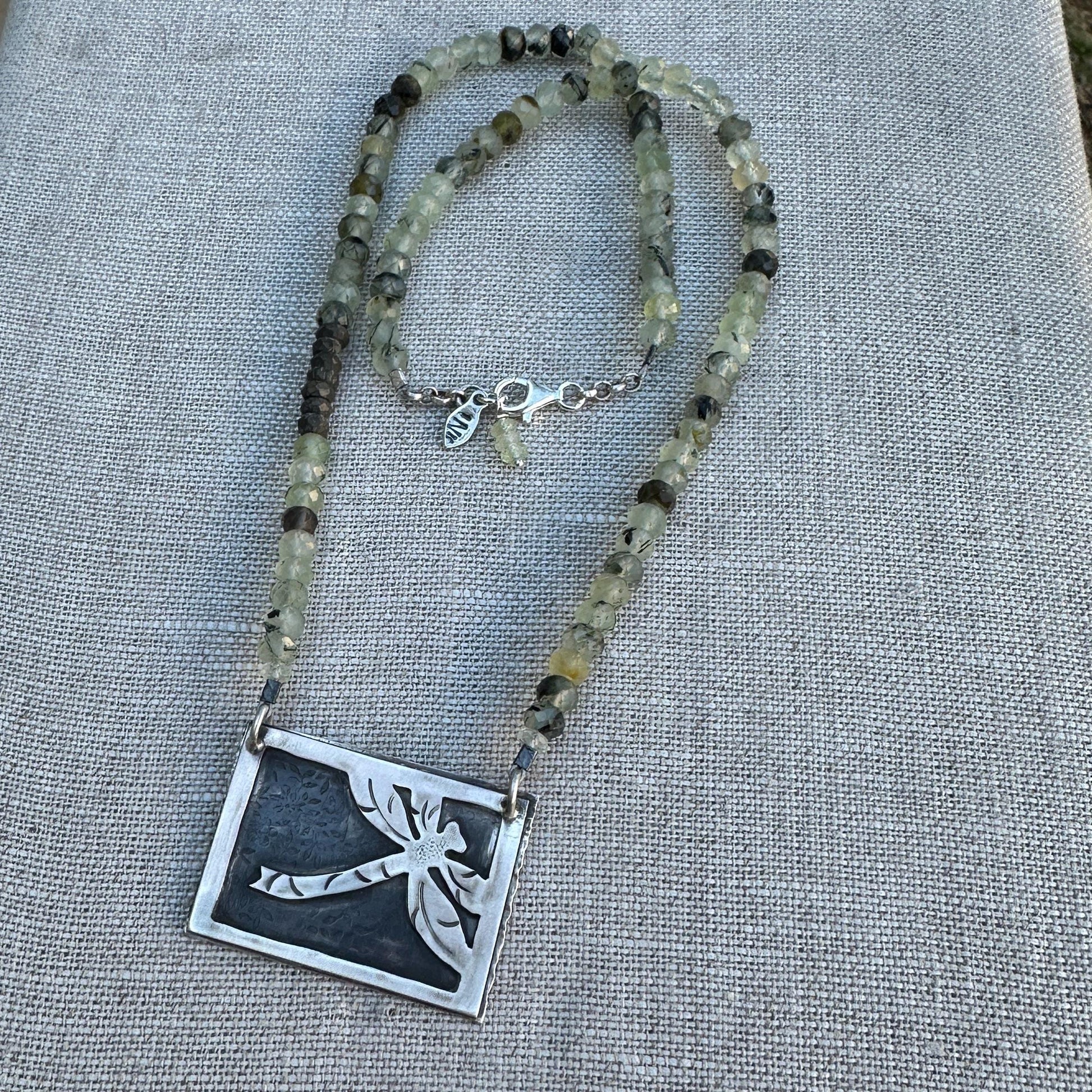 Sterling Dragonfly Necklace – Green Fluorite Beads & Leaf Clasp by iNk Jewelry