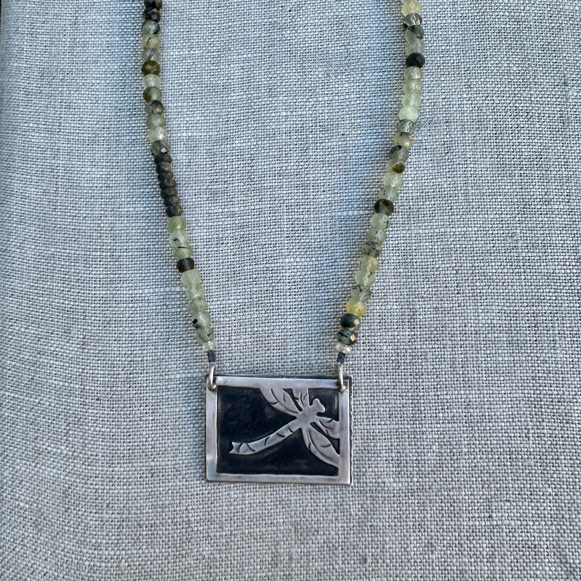 Sterling Dragonfly Necklace – Green Fluorite Beads & Leaf Clasp by iNk Jewelry