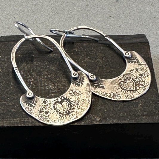 Handmade Sterling Sacred Heart Hoops – Textured Drop Earrings by iNk Jewelry