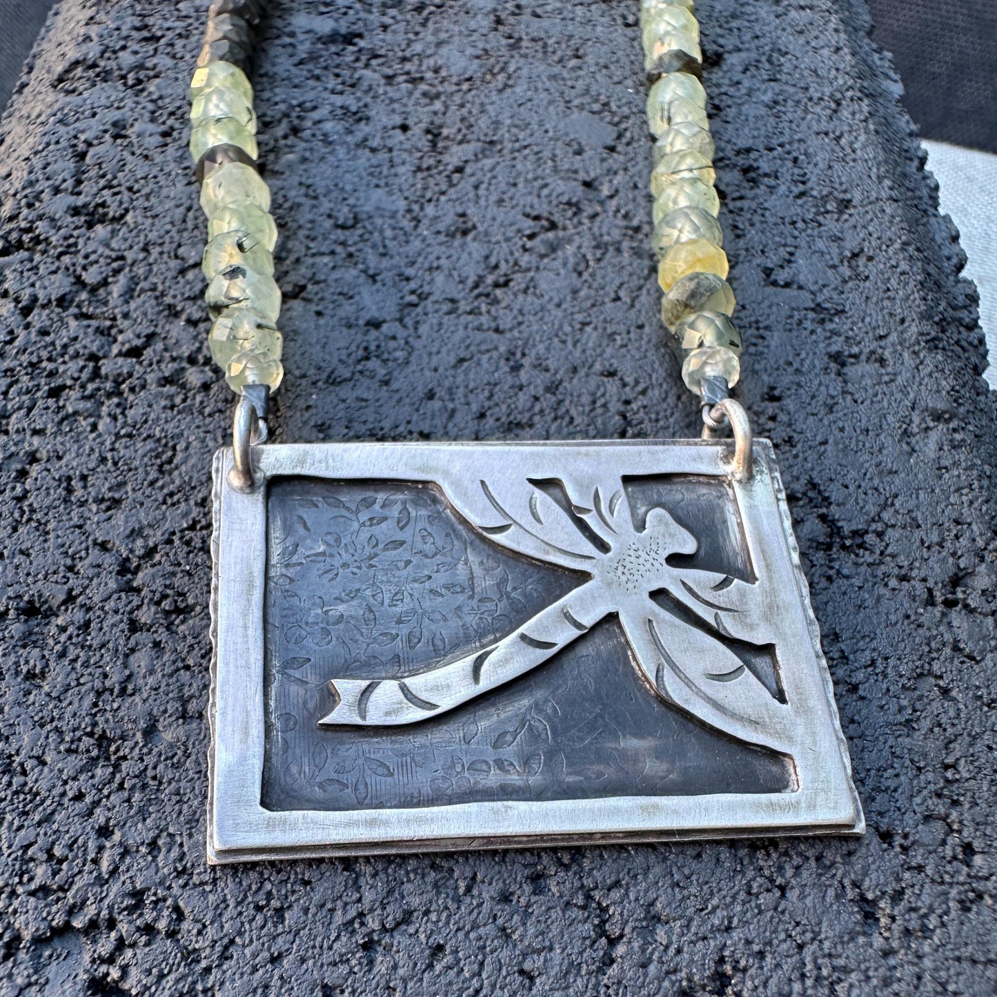 Sterling Dragonfly Necklace – Green Fluorite Beads & Leaf Clasp by iNk Jewelry