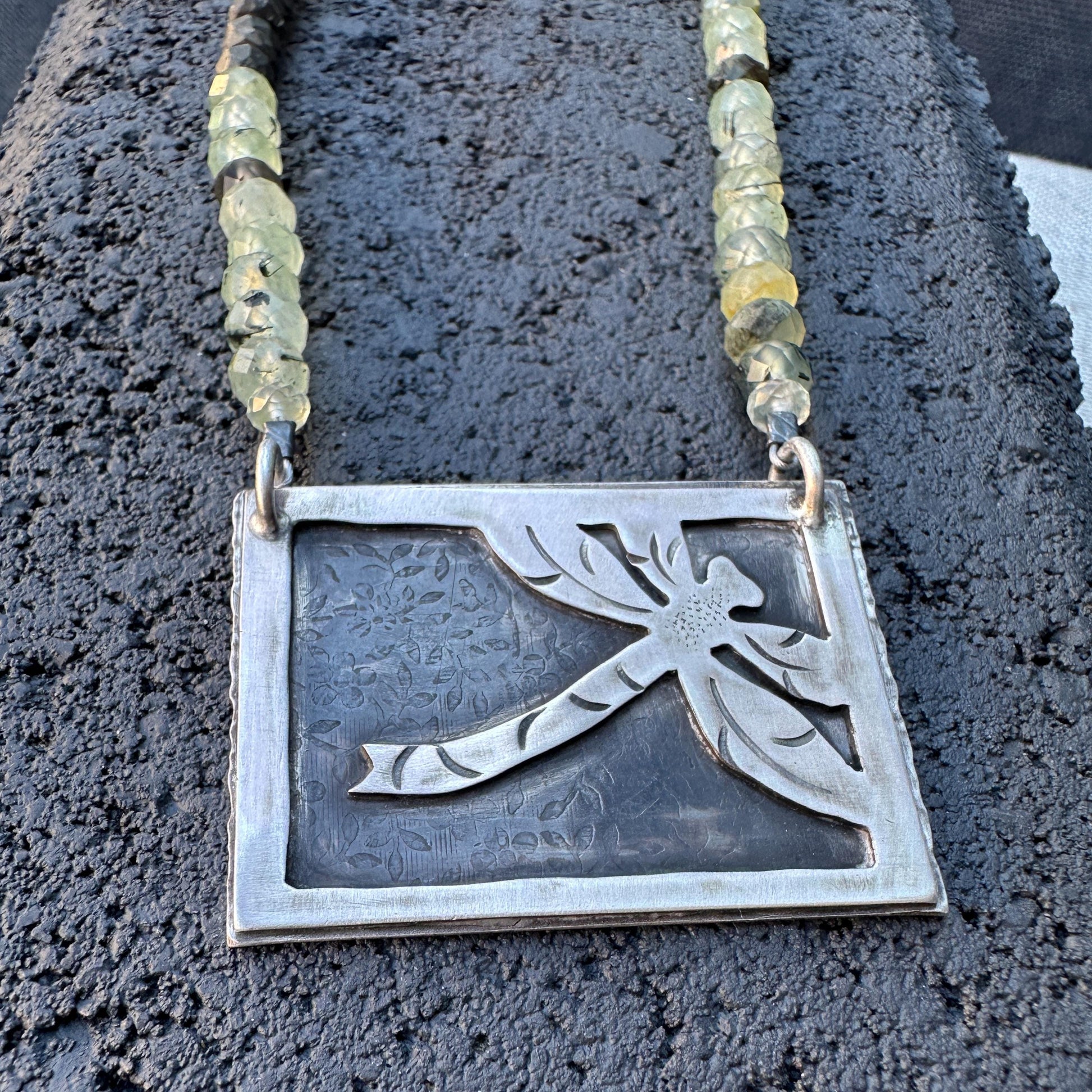 Sterling Dragonfly Necklace – Green Fluorite Beads & Leaf Clasp by iNk Jewelry