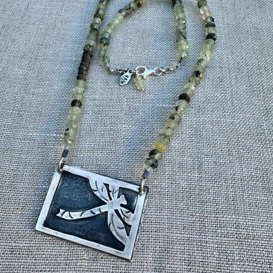 Sterling Dragonfly Necklace – Green Fluorite Beads & Leaf Clasp by iNk Jewelry