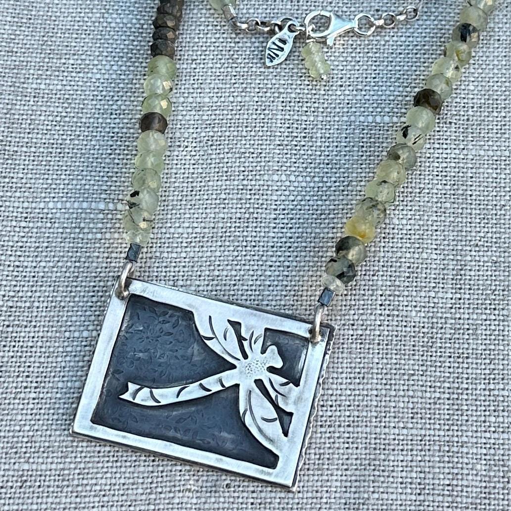 Sterling Dragonfly Necklace – Green Fluorite Beads & Leaf Clasp by iNk Jewelry