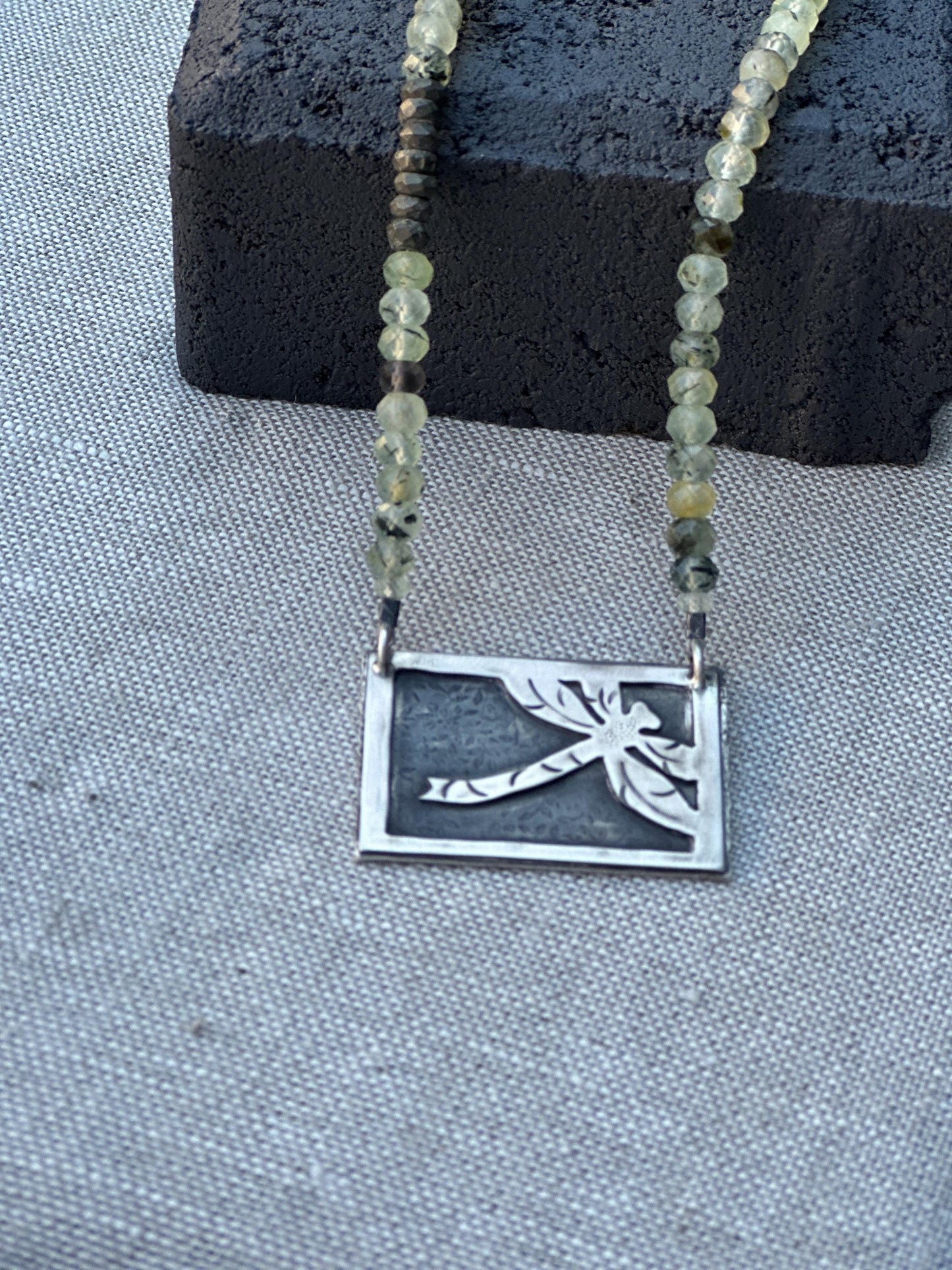 Sterling Dragonfly Necklace – Green Fluorite Beads & Leaf Clasp by iNk Jewelry