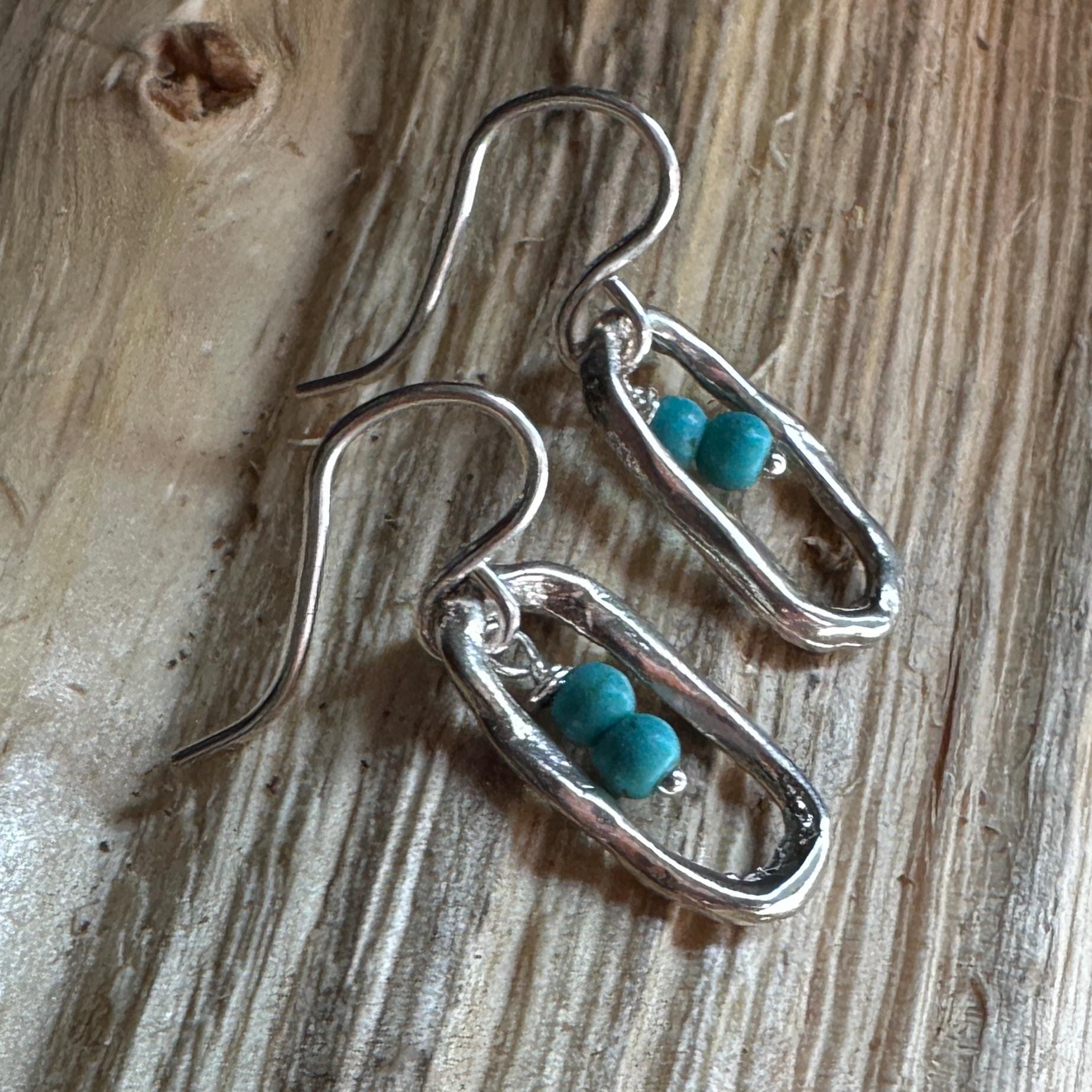 Aah Drop Earrings – Sterling Silver Oval Dangle with Turquoise Beads by iNk Jewelry