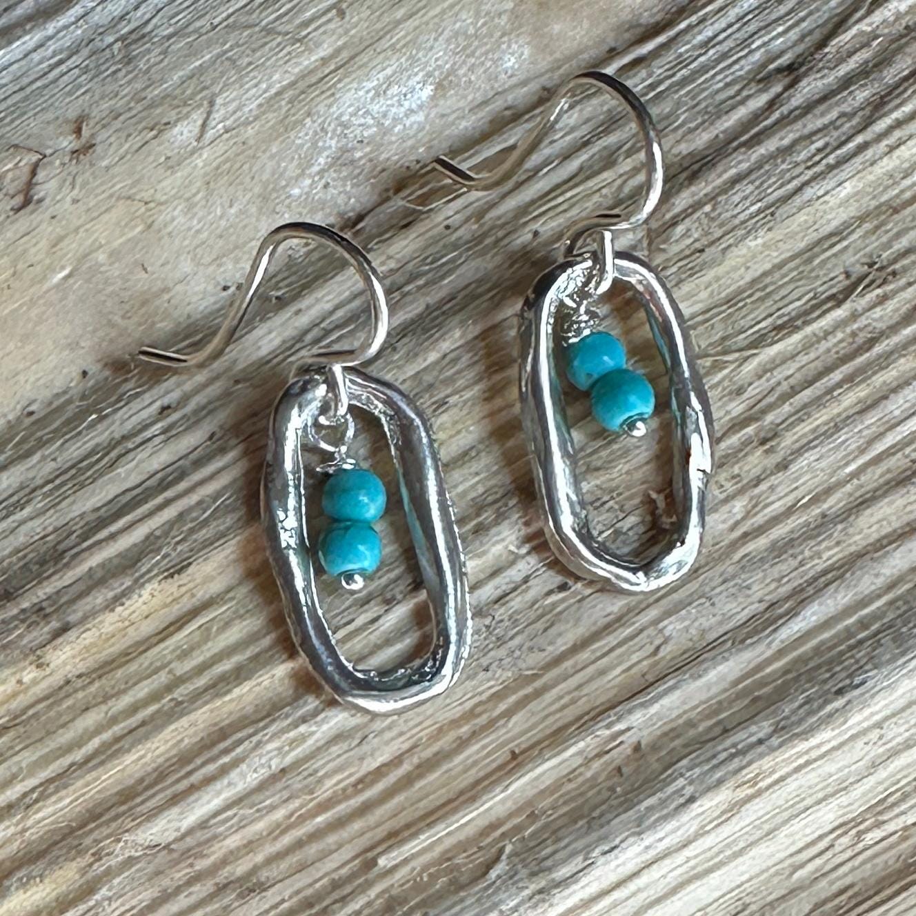 Aah Drop Earrings – Sterling Silver Oval Dangle with Turquoise Beads by iNk Jewelry