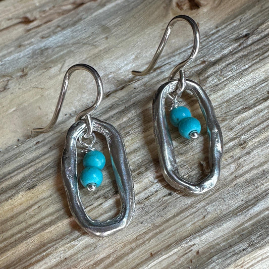 Aah Drop Earrings – Sterling Silver Oval Dangle with Turquoise Beads by iNk Jewelry