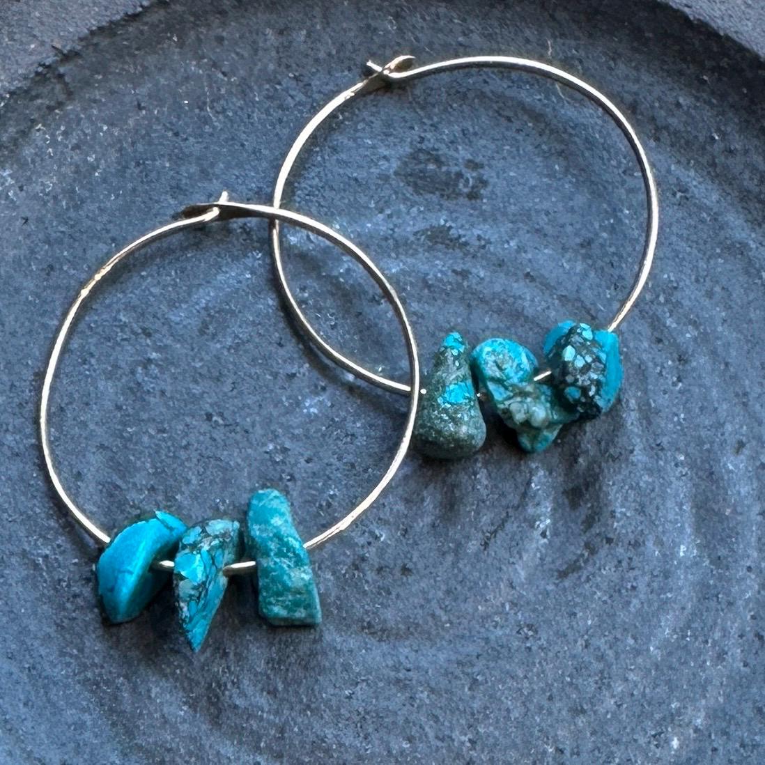 Gold Filled Turquoise Hoop Earrings – Three’s Company Boho Hoops, Genuine Turquoise Stone Hoops, Minimalist Everyday Jewelry by iNk