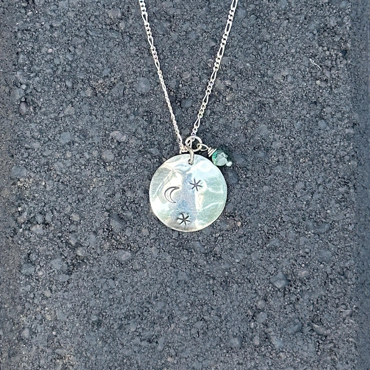 Moonlit Necklace | Crescent Moon & Star Pendant with Aventurine Drop, Sterling Silver, Handmade in Colorado by iNk Jewelry