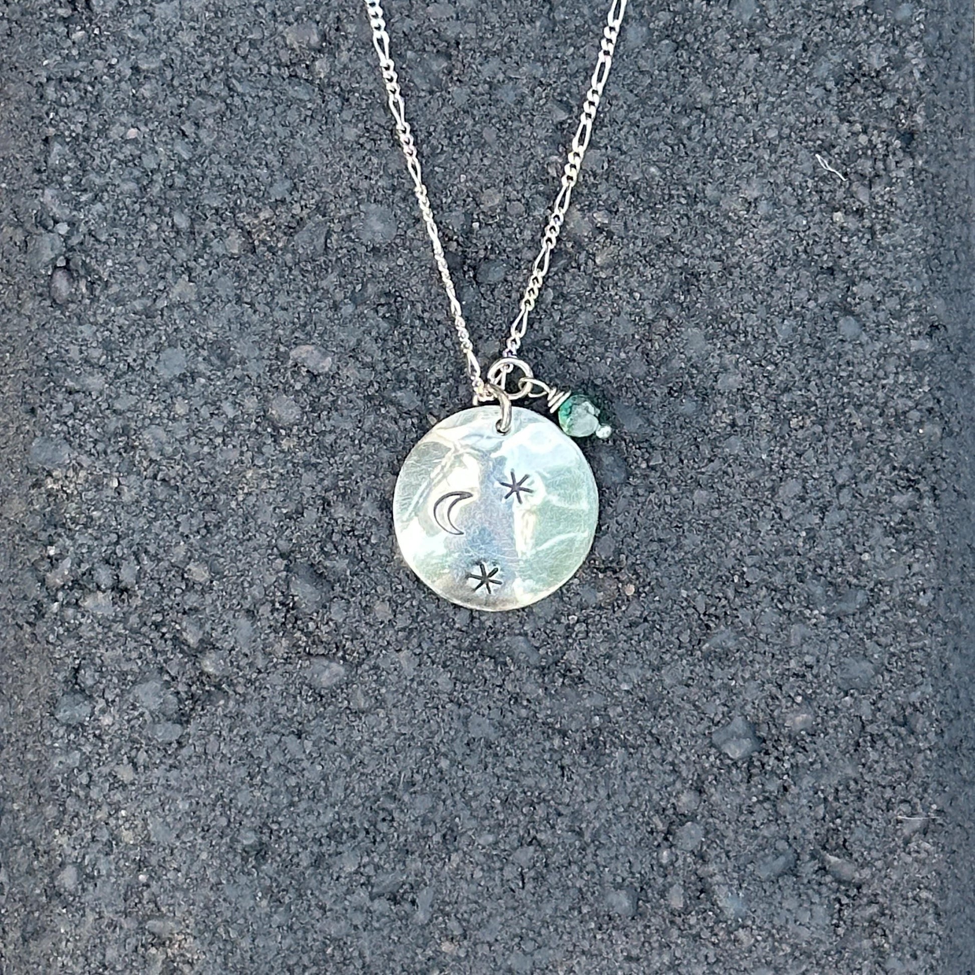 Moonlit Necklace | Crescent Moon & Star Pendant with Aventurine Drop, Sterling Silver, Handmade in Colorado by iNk Jewelry