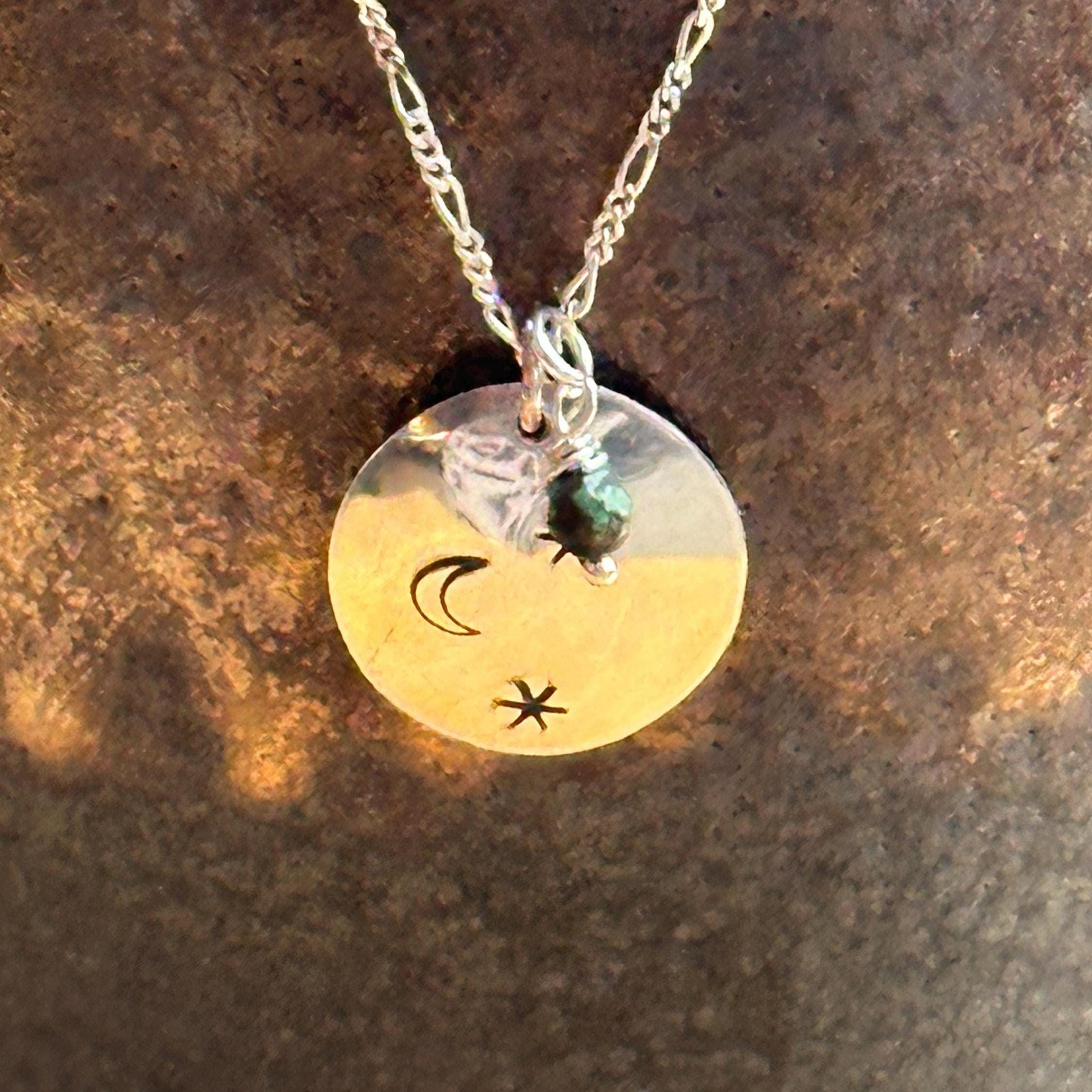 Moonlit Necklace | Crescent Moon & Star Pendant with Aventurine Drop, Sterling Silver, Handmade in Colorado by iNk Jewelry