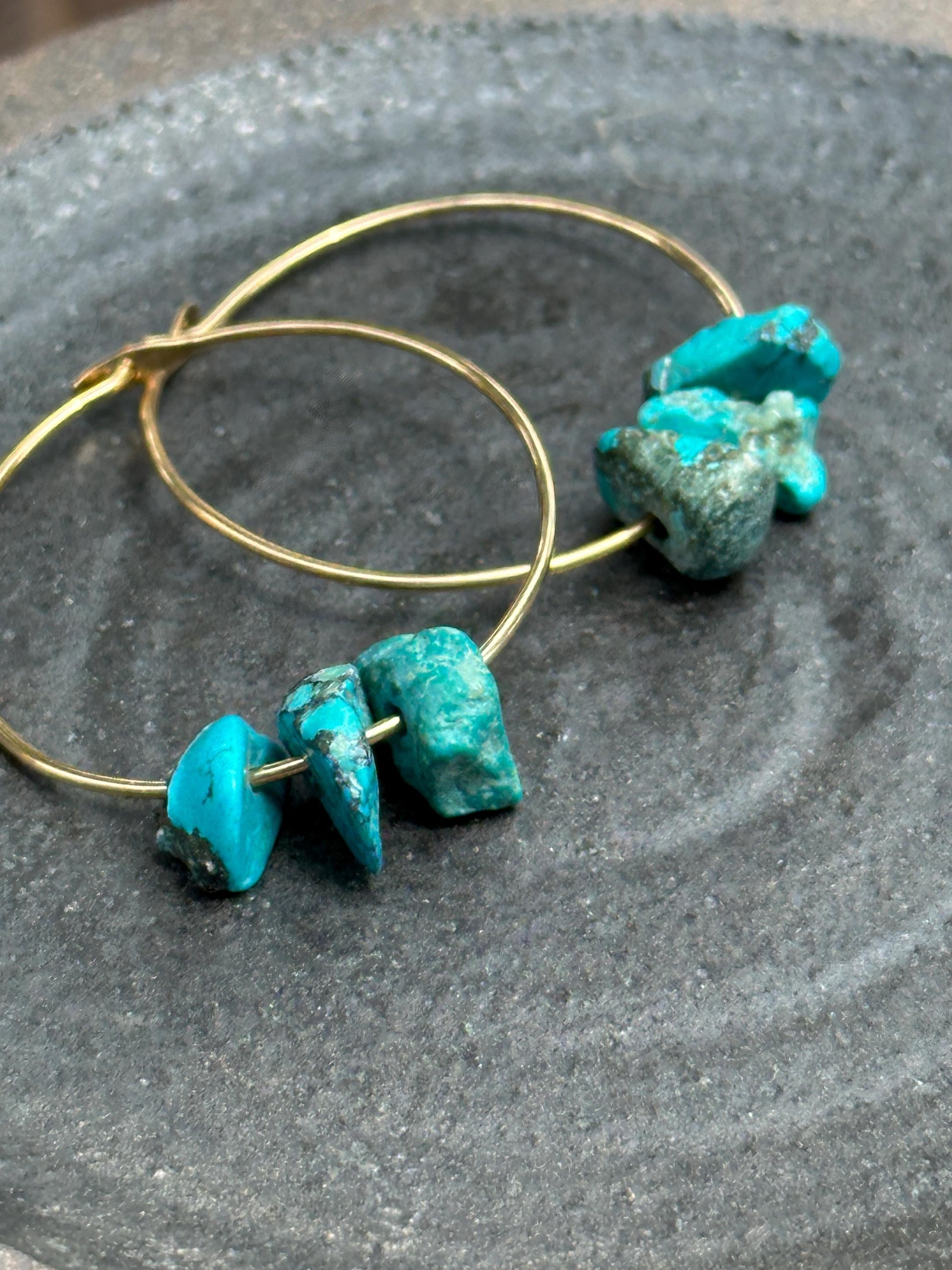 Gold Filled Turquoise Hoop Earrings – Three’s Company Boho Hoops, Genuine Turquoise Stone Hoops, Minimalist Everyday Jewelry by iNk