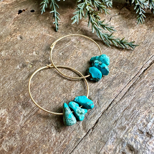 Gold Filled Turquoise Hoop Earrings – Three’s Company Boho Hoops, Genuine Turquoise Stone Hoops, Minimalist Everyday Jewelry by iNk