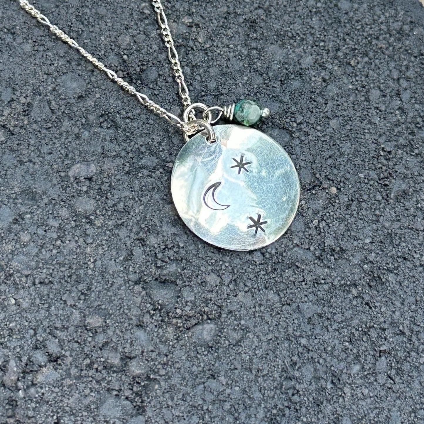 Moonlit Necklace | Crescent Moon & Star Pendant with Aventurine Drop, Sterling Silver, Handmade in Colorado by iNk Jewelry