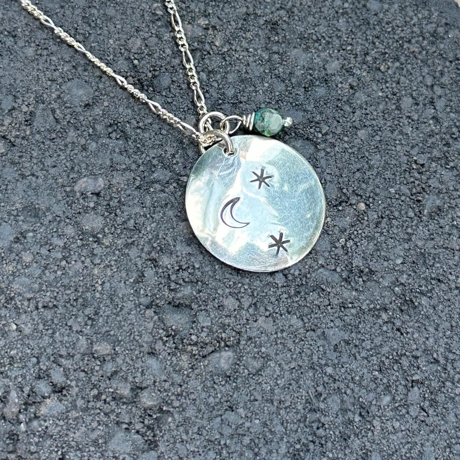 Moonlit Necklace | Crescent Moon & Star Pendant with Aventurine Drop, Sterling Silver, Handmade in Colorado by iNk Jewelry