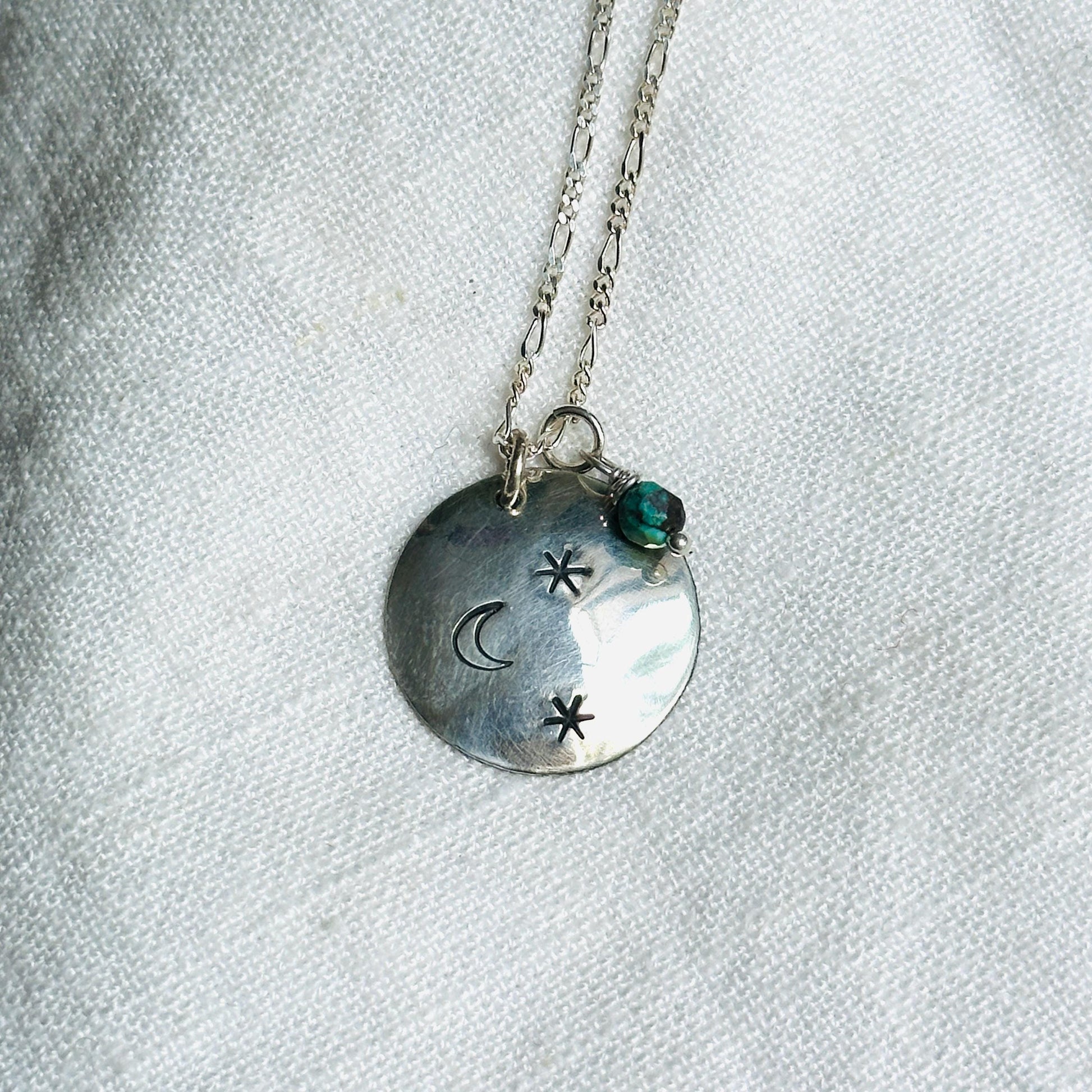Moonlit Necklace | Crescent Moon & Star Pendant with Aventurine Drop, Sterling Silver, Handmade in Colorado by iNk Jewelry