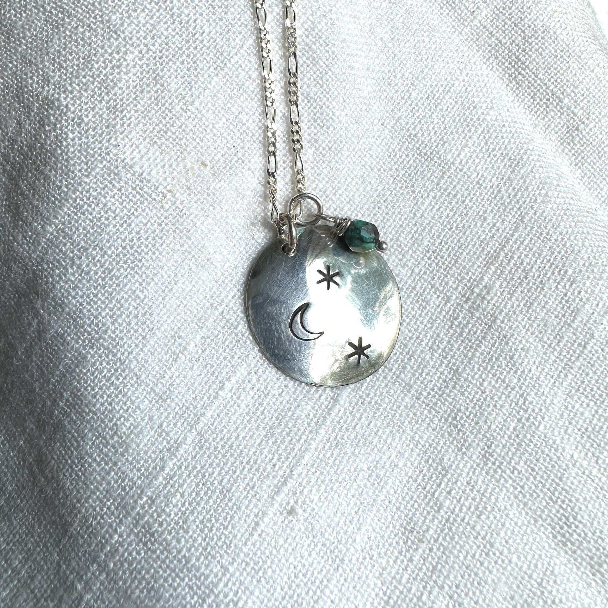 Moonlit Necklace | Crescent Moon & Star Pendant with Aventurine Drop, Sterling Silver, Handmade in Colorado by iNk Jewelry