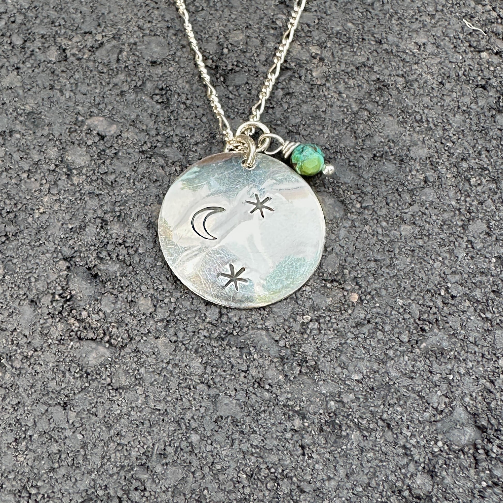 Moonlit Necklace | Crescent Moon & Star Pendant with Aventurine Drop, Sterling Silver, Handmade in Colorado by iNk Jewelry