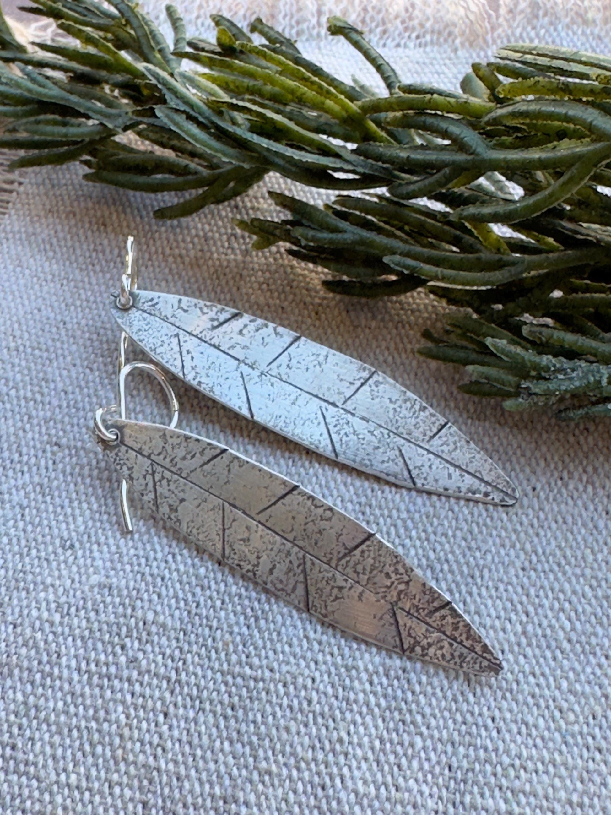 Handmade Sterling Silver Leaf Earrings: Long Boho Dangle Jewelry