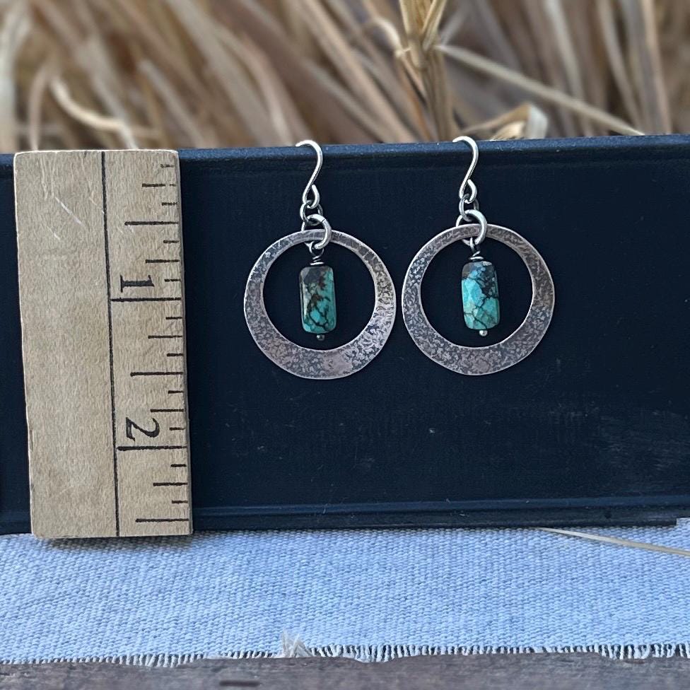 Hammered Sterling Silver Turquoise Earrings – Handmade Dangle Jewelry Big Sky by iNk Jewelry