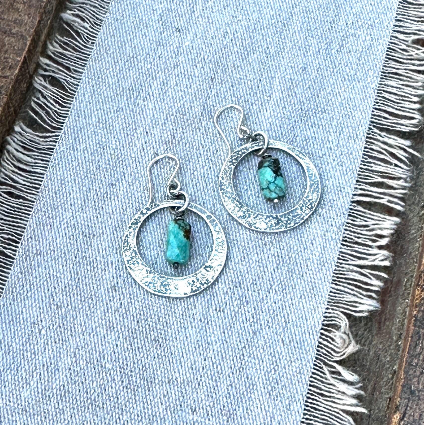 Hammered Sterling Silver Turquoise Earrings – Handmade Dangle Jewelry Big Sky by iNk Jewelry