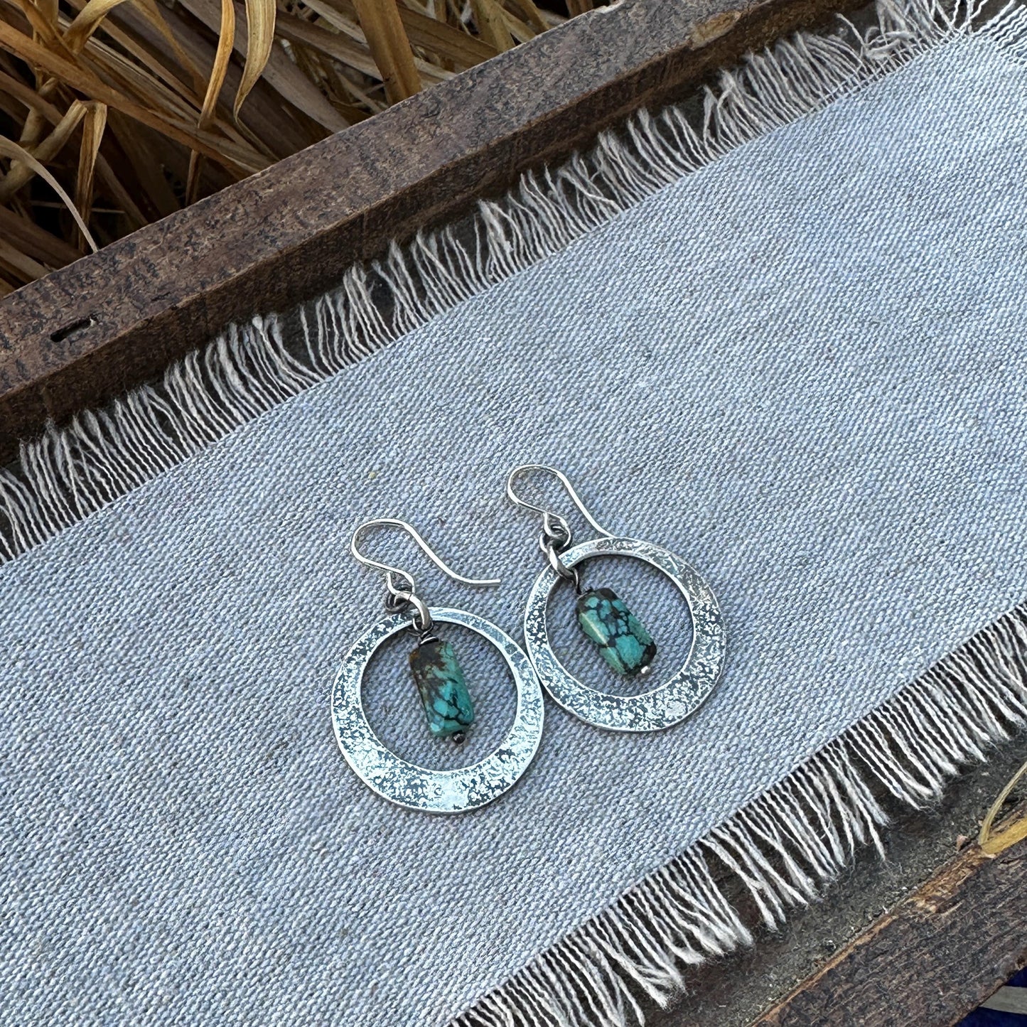 Hammered Sterling Silver Turquoise Earrings – Handmade Dangle Jewelry Big Sky by iNk Jewelry
