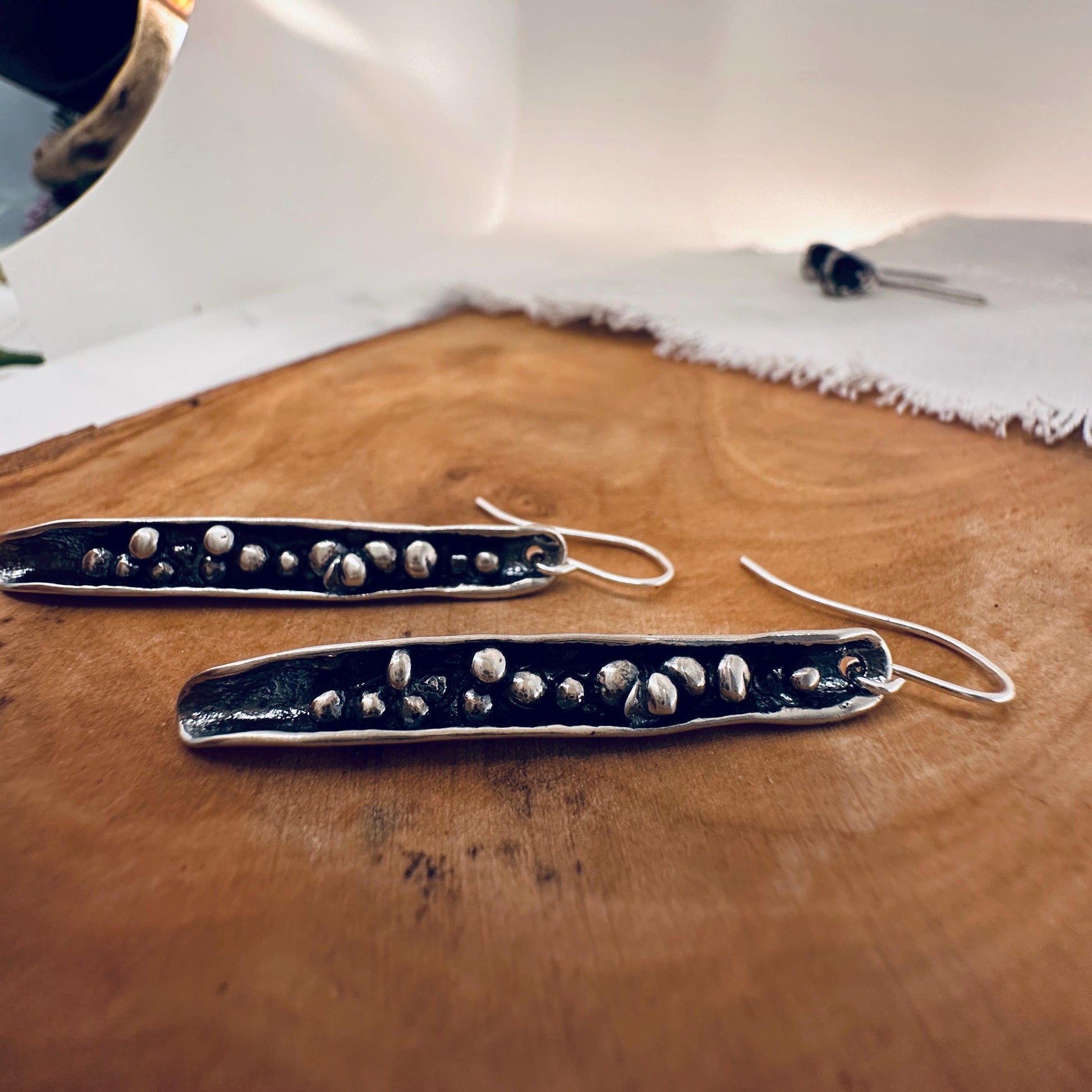 Bounty Earrings – Sterling Silver Dangle Earrings, Oxidized Textured Bar, Artisan Handmade, 2” Drop, Rustic Modern Jewelry