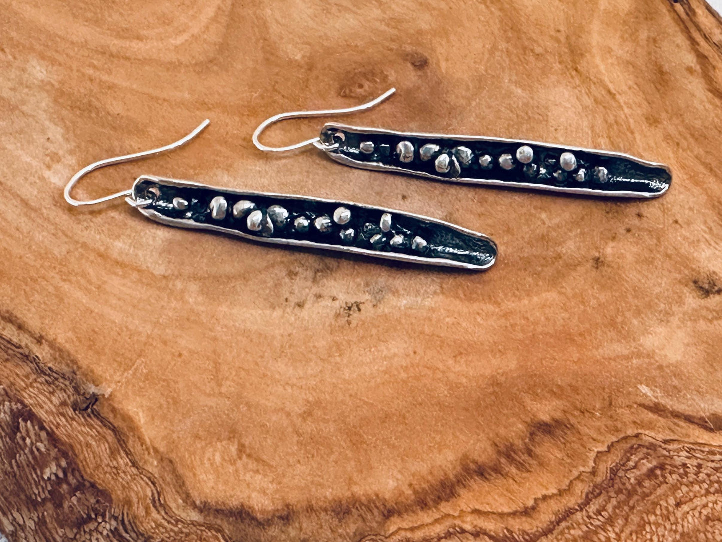 Bounty Earrings – Sterling Silver Dangle Earrings, Oxidized Textured Bar, Artisan Handmade, 2” Drop, Rustic Modern Jewelry