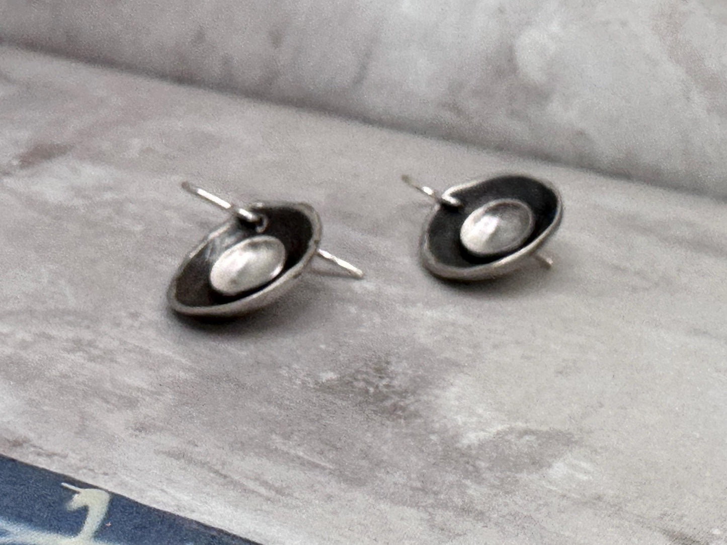 Hollow Moon Sterling Silver Bowl Earrings Oxidized Dangles Modern Minimalist Handmade Silver Drop Earrings Sculptural by iNk Jewelry