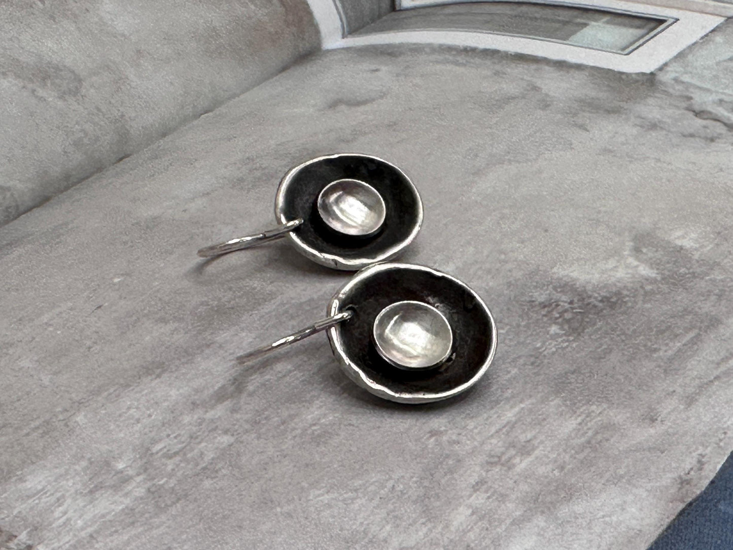 Hollow Moon Sterling Silver Bowl Earrings Oxidized Dangles Modern Minimalist Handmade Silver Drop Earrings Sculptural by iNk Jewelry