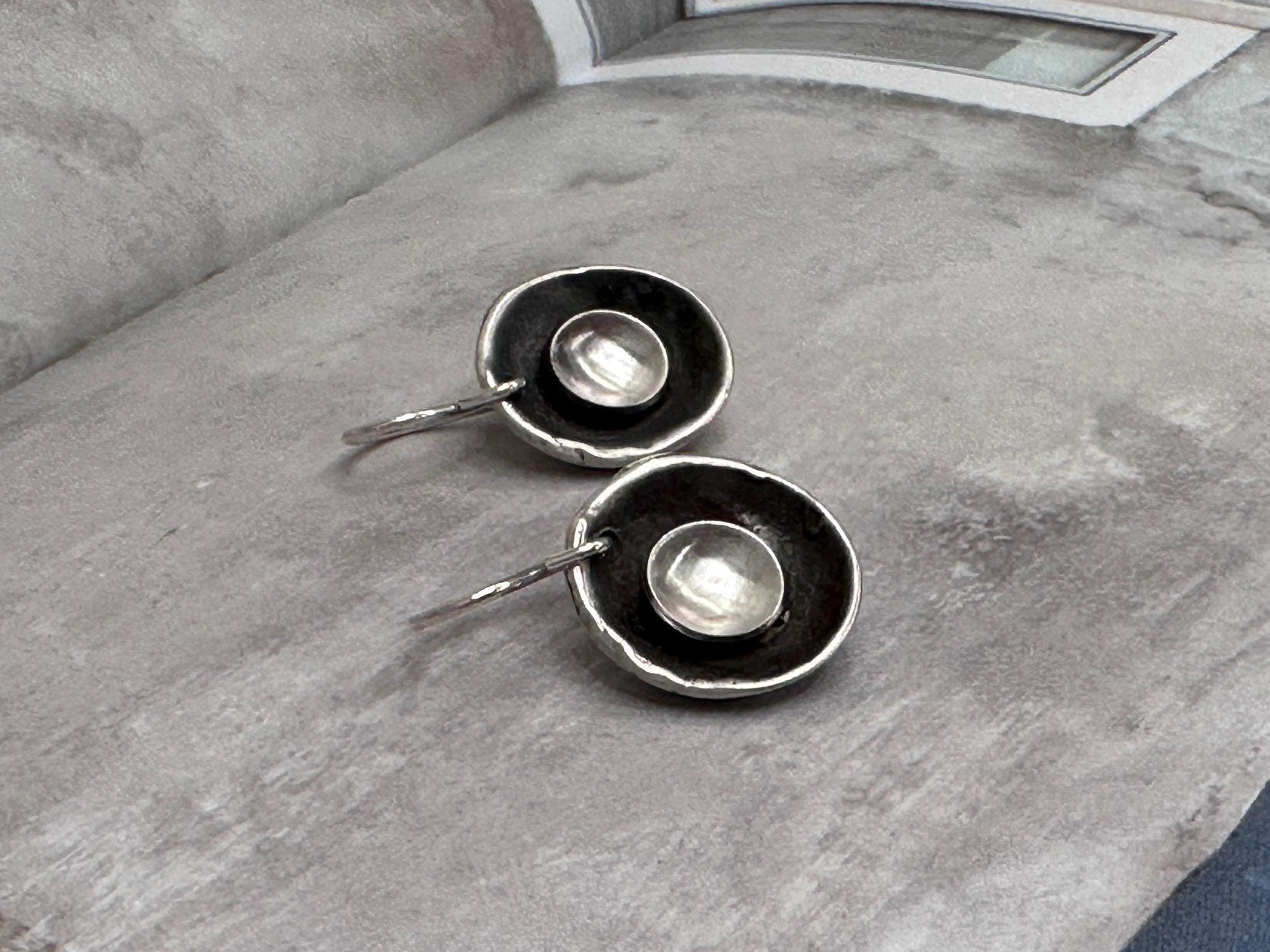 Hollow Moon Sterling Silver Bowl Earrings Oxidized Dangles Modern Minimalist Handmade Silver Drop Earrings Sculptural by iNk Jewelry