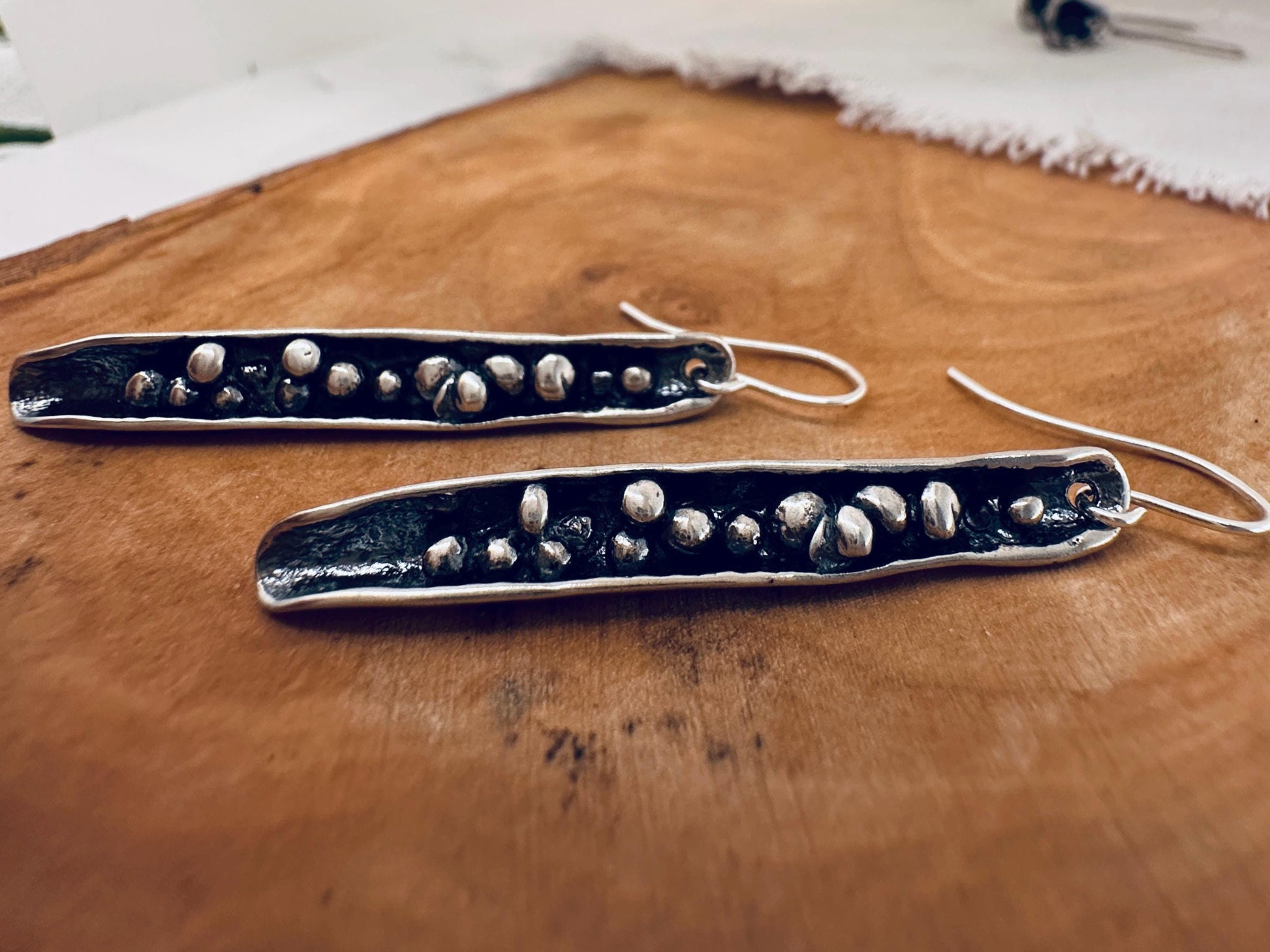 Bounty Earrings – Sterling Silver Dangle Earrings, Oxidized Textured Bar, Artisan Handmade, 2” Drop, Rustic Modern Jewelry