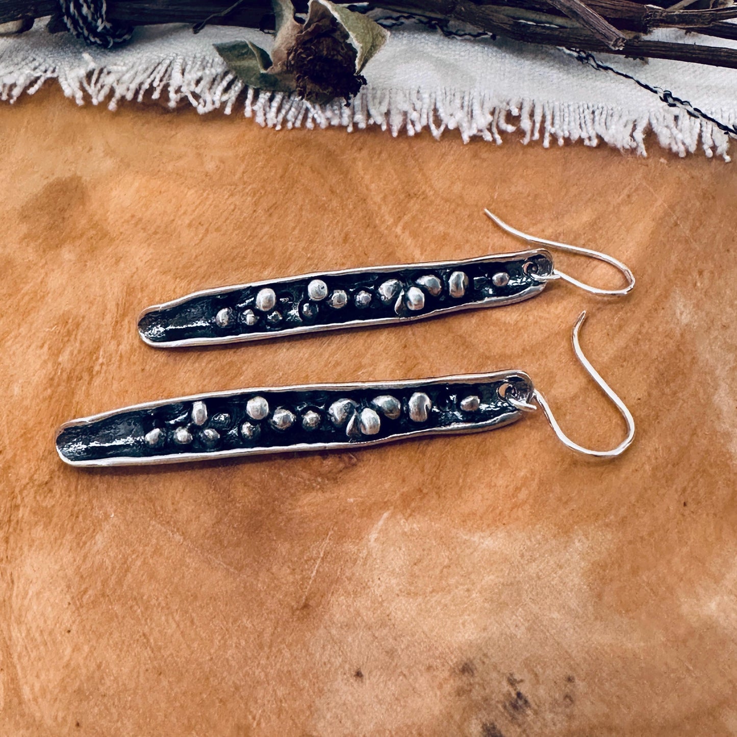 Bounty Earrings – Sterling Silver Dangle Earrings, Oxidized Textured Bar, Artisan Handmade, 2” Drop, Rustic Modern Jewelry