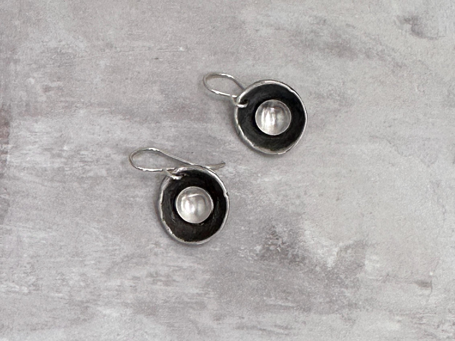 Hollow Moon Sterling Silver Bowl Earrings Oxidized Dangles Modern Minimalist Handmade Silver Drop Earrings Sculptural by iNk Jewelry