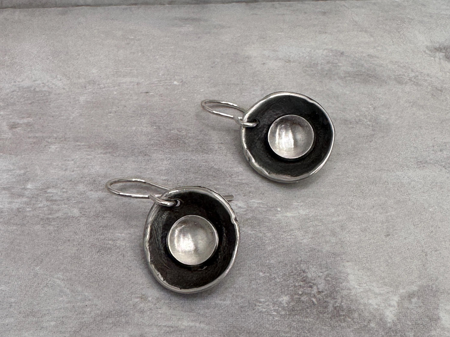 Hollow Moon Sterling Silver Bowl Earrings Oxidized Dangles Modern Minimalist Handmade Silver Drop Earrings Sculptural by iNk Jewelry