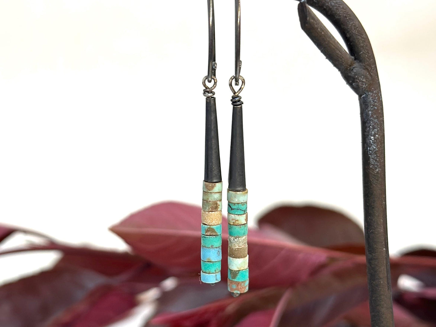 Turquoise Heishi Earrings, Oxidized Sterling Silver Dangle Earrings, Southwestern Boho Jewelry, Handmade Artisan Earrings by iNk Jewelry