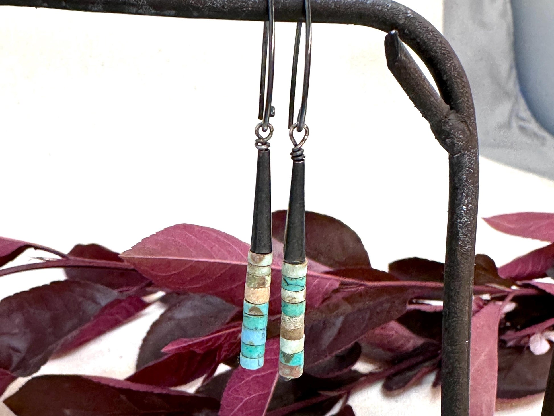 Turquoise Heishi Earrings, Oxidized Sterling Silver Dangle Earrings, Southwestern Boho Jewelry, Handmade Artisan Earrings by iNk Jewelry