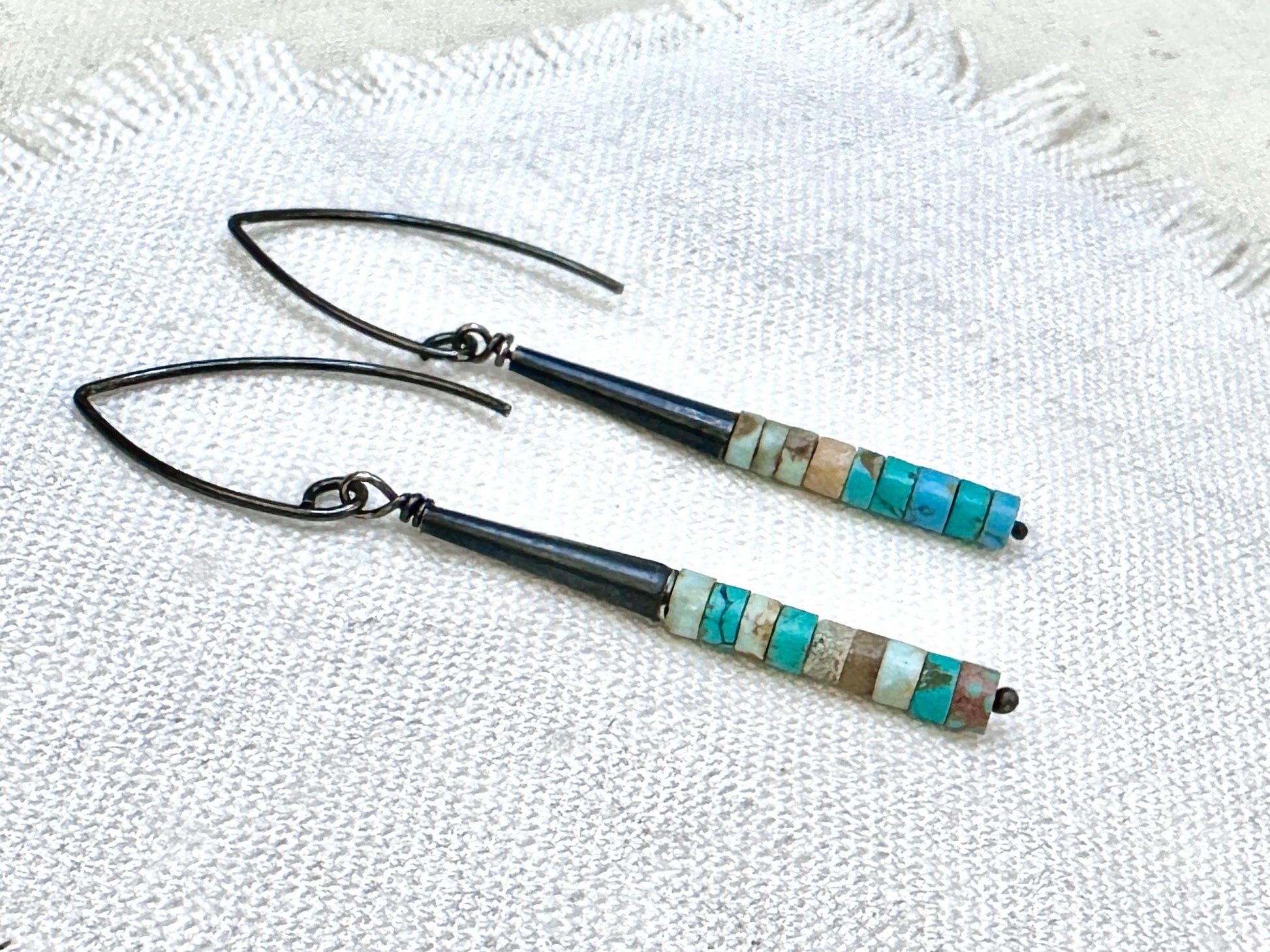 Turquoise Heishi Earrings, Oxidized Sterling Silver Dangle Earrings, Southwestern Boho Jewelry, Handmade Artisan Earrings by iNk Jewelry