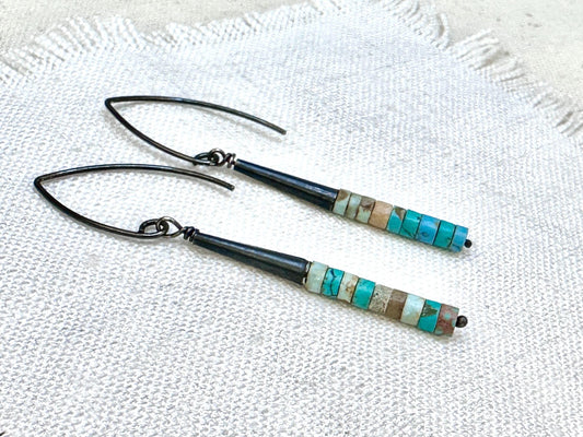 Turquoise Heishi Earrings, Oxidized Sterling Silver Dangle Earrings, Southwestern Boho Jewelry, Handmade Artisan Earrings by iNk Jewelry