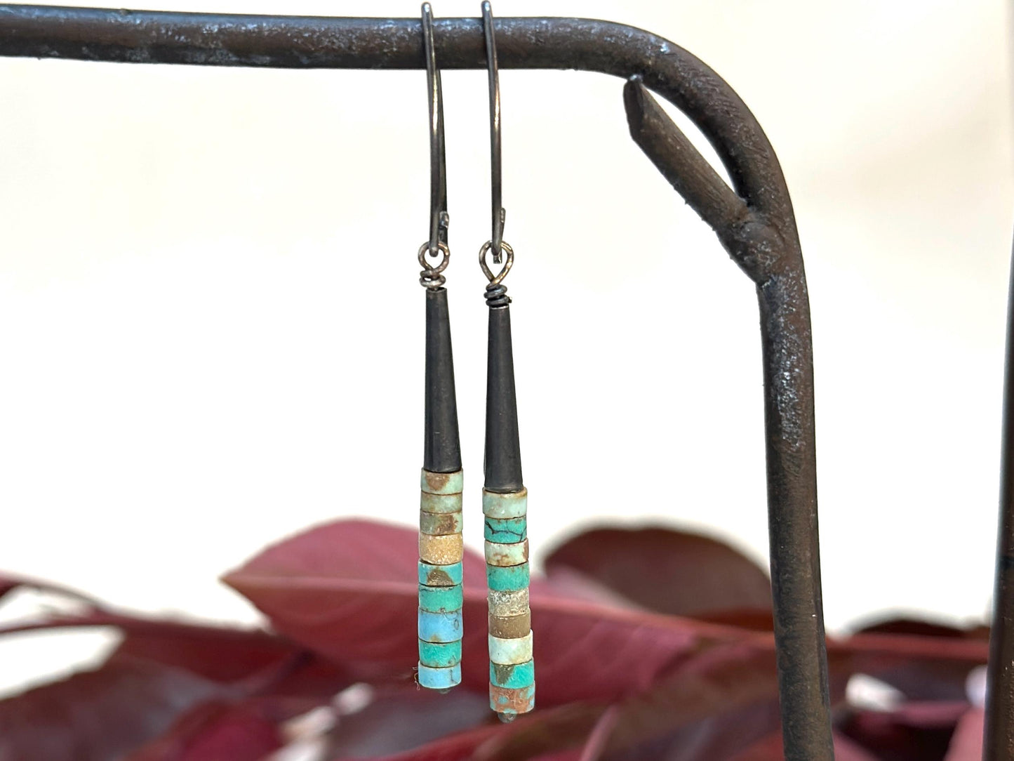 Turquoise Heishi Earrings, Oxidized Sterling Silver Dangle Earrings, Southwestern Boho Jewelry, Handmade Artisan Earrings by iNk Jewelry
