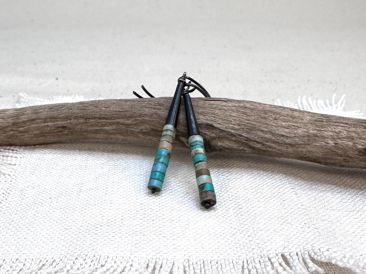 Turquoise Heishi Earrings, Oxidized Sterling Silver Dangle Earrings, Southwestern Boho Jewelry, Handmade Artisan Earrings by iNk Jewelry
