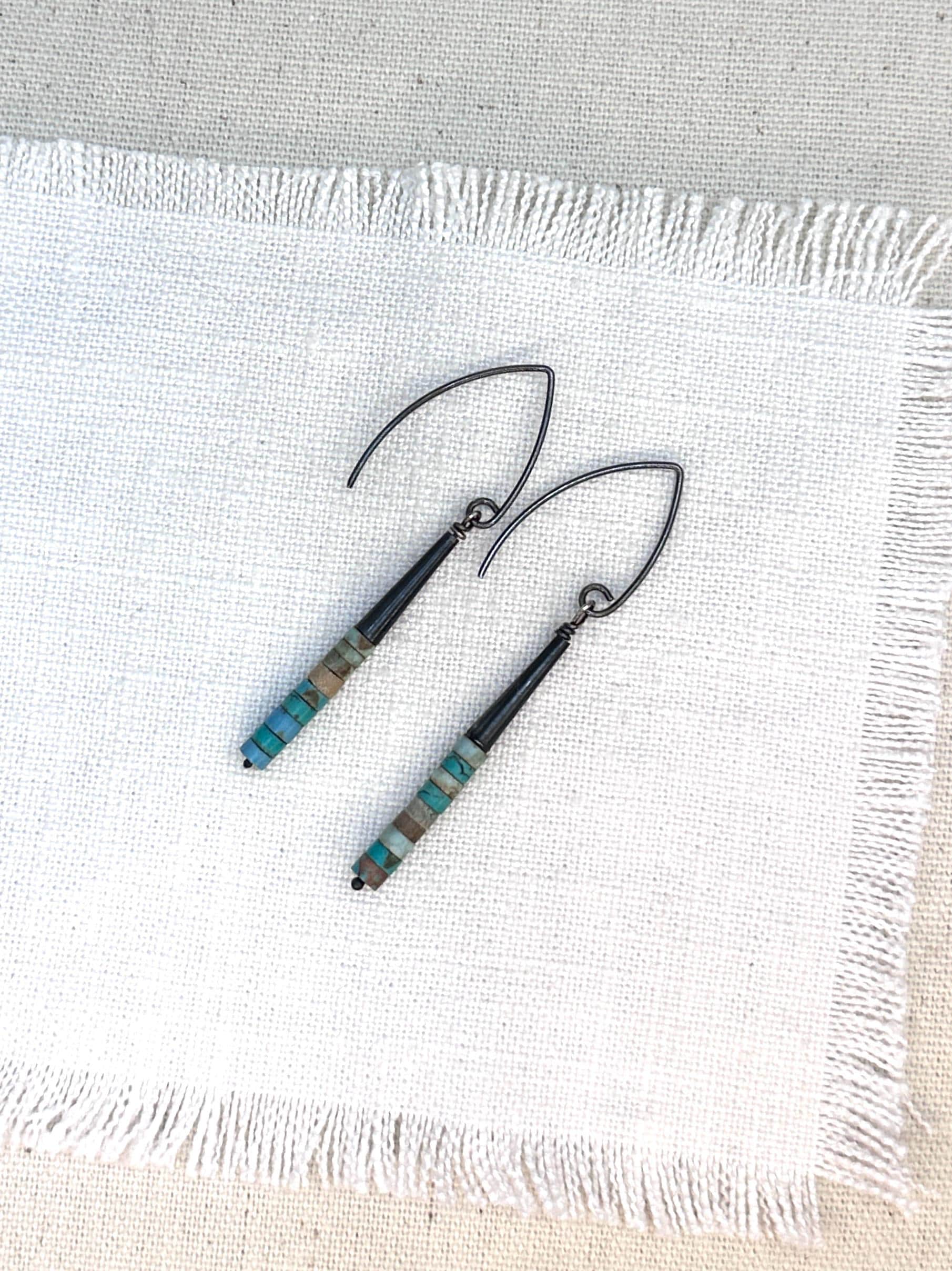 Turquoise Heishi Earrings, Oxidized Sterling Silver Dangle Earrings, Southwestern Boho Jewelry, Handmade Artisan Earrings by iNk Jewelry